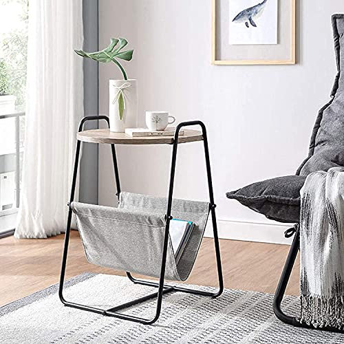 PUFAHAU Sofa-Beistelltisch, moderner Couchtisch aus Schmiedeeisen mit Korb, runder Couchtisch, Nachttisch mit Stoff-Aufbewahrungskorb, für Wohnzimmer und Balkon(Black)