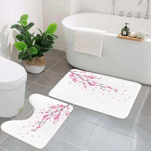 EMCLKS 2 Tapis de Bain Antidérapant,Tapis Salle de Bain Super Absorbant,Tapis de Douche Super Doux,Fleur de Cerisier Japonais Sakura Fleur Rose,Ensemble Tapis de Bain