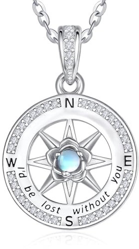 Zeuslia S925 Sterling Silver Compass Necklace for Women Moonstone Pendant Necklaces Gifts for Wife Jewellery Gift for Her Girlfriend