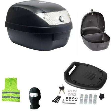 KOMPATIBEL MIT KYMCO MAXXER 50 Koffer TOPCASE 28 Liter Polypropylen KOMPLETT MIT Platte UND MONTAGESATZ Motorrad-Scooter-GEPÄCKTRÄGER KAPAZITÄT 2 HELME SCHWARZ