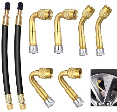 8 Pezzi Prolunga Valvola Pneumatico, Estensione Valvola Pneumatico, Prolunga Valvola Angolare 45° 90° 135°, Adattatore Gonfiaggio Rame e Gomma, con 6 Tappi in Metallo, per Auto Moto Camion Bici Camper