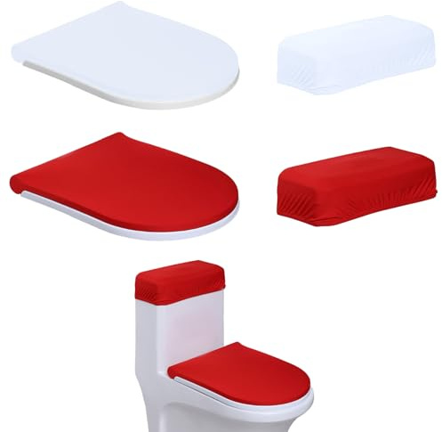2 Pack Toilet Lid and Tank Cover Set, Dustproof Fabric Toilet Seat Lid Cover for Bathroom, Elastic Bottom Easy to Install, Bathroom Decor (White + Red)
