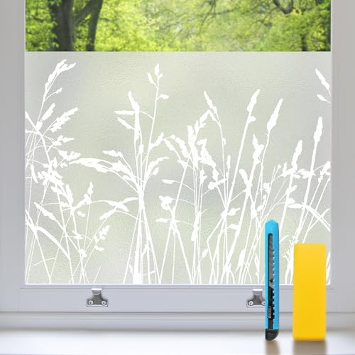 Zindoo Fensterfolie Blickdicht Milchglasfolie Gräser Sichtschutz 59.5x200cm | Statisch Haftend ohne Kleber, UV-Schutz, Rückstandslos Entfernbar, ideal für Badezimmer, Küche, Büro und Wohnzimmer