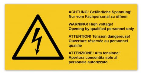 LabelTec 50 Warnaufkleber Achtung Gefährliche Spannung Warnschild 105x52mm | 4-sprachiger Sicherheitsaufkleber nur vom Fachpersonal zu öffnen mit Blitzsymbol für Schaltschränke Maschinen Anlagen LTI074