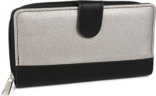 styleBREAKER Damen Geldbörse Portemonnaie 2-Tone Metallic, Schwarz/Silber | 19x10x2,5 cm, sicherer umlaufender Reißverschluss, 9 Kartenfächer, 3 Scheinfächer, Sichtfenster und praktischer Druckknopf.
