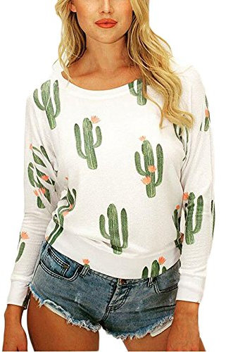 T Shirt Damen Langarm Kaktus Druck Elegant Frühling Herbst Rundkragen Oberteile Frauen Casual Basic Bekleidung Tops