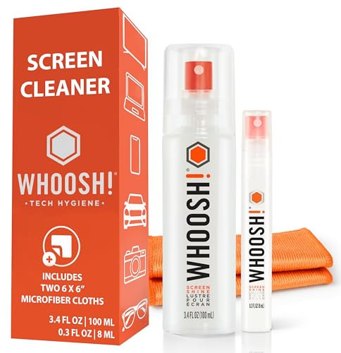 WHOOSH! Screen Shine Duo Monitor, Phone & Laptop Cleaning Kit - 100 mL & 8 mL Bottles for Home & Travel with 2 Microfiber Cloths - Streak & Residue-Free Glasses Cleaner - Safe, Non-Toxic Formula