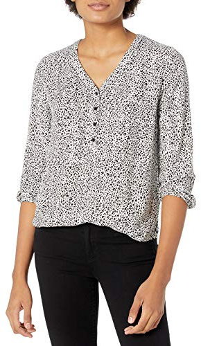 Amazon Essentials Women's 3/4 Sleeve Button Pop-over Shirt, Loose-Fit V-Neck Blouse, Mini Leopard, M