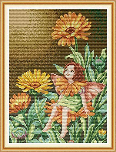 Cross Stitch Embroidery Kits for Adults Kids, WOWDECOR Lovely Fairy Baby Elves Chrysanthemum 11CT Stamped DIY DMC Needlework Easy Beginners