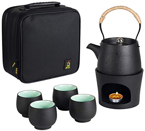 Tetera de cerámica de viaje con calentador de estufa de té, 6 piezas, set de regalo, 4 mini tazas chinas Kung Fu Tea Pot de porcelana, bolsa protectora portátil para picnic al aire libre camping