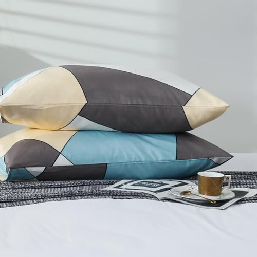 AShanlan 2er Set Kissenbezug Kissenbezüge 80 x 80 cm Blau Grau Gelb Dreieck Geometrisch Muster Mikrofaser Kopfkissenbezug 80x80 Kissenhülle Doppelpack mit Reißverschluss