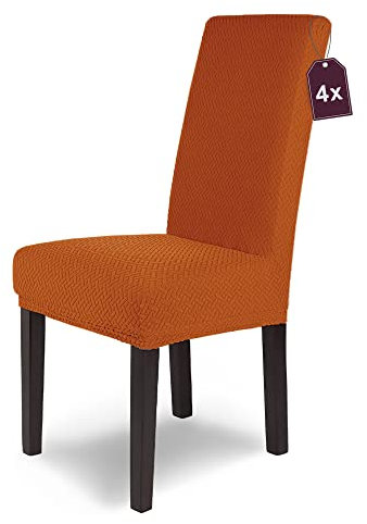 SCHEFFLER-Home Stuhlhussen Stretch Luna/Stuhlhussen Orange 4er Set/elastische Flanell Stuhlabdeckungen/Stuhlhussen Schwingstühle 4er / Hussen Stuhl Überzieher mit Gummiband/Stuhlhussen Samt