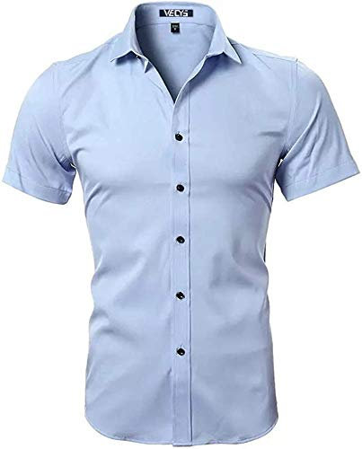 Vecys Chemise pour Homme sans Repassage Manche Courte Slim Fit Uni Casual Business Habillées Infroissable Chemisette Homme en Fibre Bambou Bleu,S