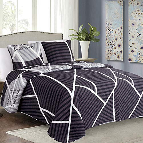 Euromat Tagesdecke Steppdecke Bettüberwurf Gesteppte Tagesdecke mit 2 Kissenbezüge 40x40 cm- (Violett Schwarz Weiß- SY-3066, 220x240 cm)
