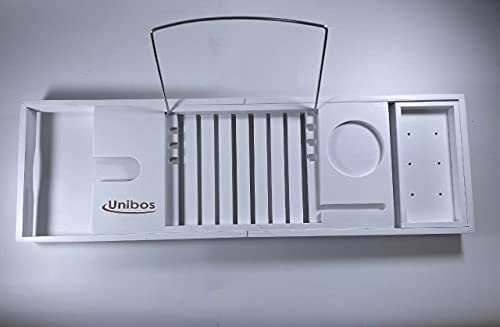 Unibos Bath Caddy with candle, wine glass, book, tablet, ipad & phone holder. Extendable/adjustable bridge, Natural wood over bathtub tray100% bamboo (White)
