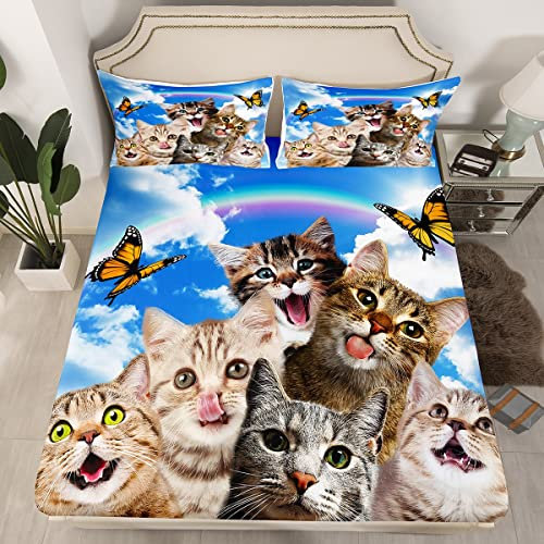 Katze Spannbettlaken 160x200cm Karikatur Haustier Katzen Bettlaken Set Kätzchen Drucken Spannbetttuch Für Erwachsene Lustige Tier Katzenliebhaber Geschenk Kein flaches Blatt Beschwingt