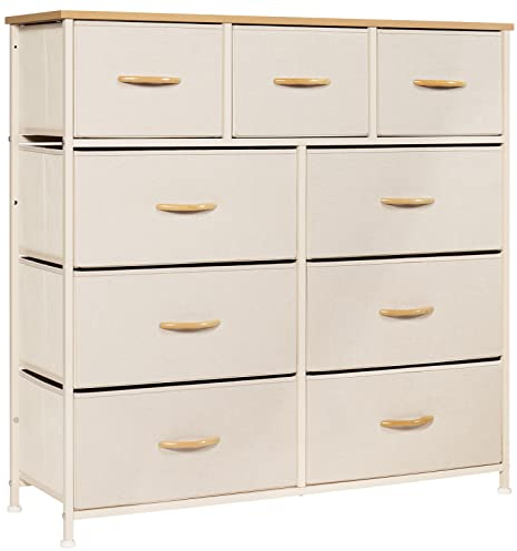 LYNCOHOME Chest of Drawers, Bedroom Drawers, Fabric Dresser with Wood Top and Large Storage Space, Easy to Assemble, for Bedroom, Living room, Kids room, Closet (Beige, 9 Drawers)