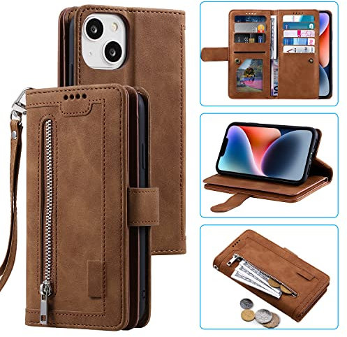UEEBAI Wallet Case for iPhone 14 6.1 inch, Retro 9 Card Holder Slots Zipper Pocket Handbag Case PU Leather Magnetic Closure Kickstand with Wrist Strap TPU Shockproof Flip Case - Brown