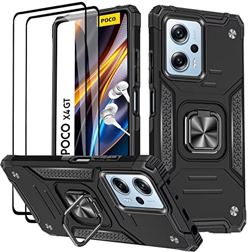 KANSi Hülle für Xiaomi Poco X4 GT 5G, Schutzfolie [2 Stück] Silikon TPU Hart PC Handy Hüllen 360 Grad Drehbar Ringhalter Bumper Stoßdämpfung Schutzhülle - Schwarz