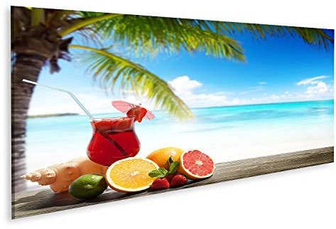 Bild auf Leinwand Erdbeer Cocktail Tropische Früchte Strand Wandbild Leinwandbild Bilder für Wohnzimmer GDRB-Pano