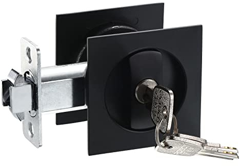 PATIKIL Pocket Door Lock with Keys, Invisible Recessed Handle Latch, Square Entry Privacy Sliding Door Lock for Barn Door Wood Furniture Hardware, Matte Black