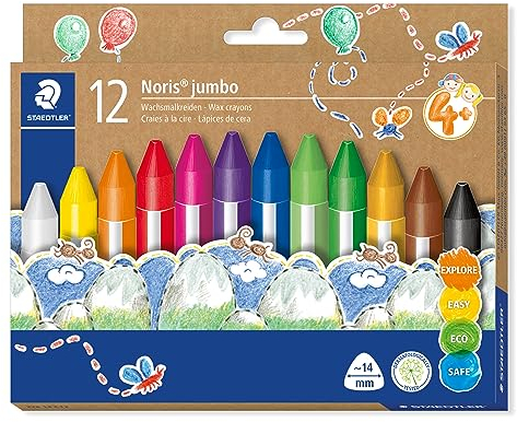 STAEDTLER Wachsmalkreide Noris junior, besonders dicke Mine und ergonomische Dreikantform für entspanntes Malen, 12 Kreiden in leuchtenden Farben im Kartonetui, 228 14 C12
