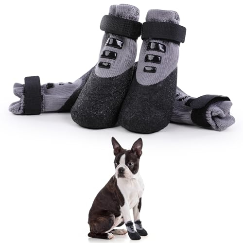 PUMYPOREITY 4 Stücke Hundesocken wasserdichte, Hundeschuhe rutschfeste Pfotenschutz Dehnbare Socken Outdoor hundeschuhe wasserdichte Antirutschsocken für Hunde(Grau, XL)