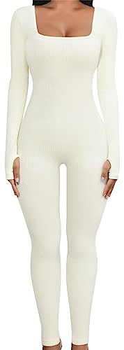 UMIPUBO Jumpsuit Damen Lang Sport Yoga Bodysuit Overall Stretch Playsuits Quadratischer Hals Langarm Bodycon Strampler Sportkleidung Damen Set(Weiß,S)