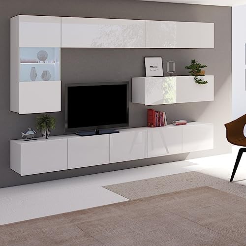 Lomadox Wohnwand Anbauwand weiß Hochglanz 6-teilig Modern, mit 2 TV-Lowboards, 1 Hängevitrine, 3 Stauraumschränke