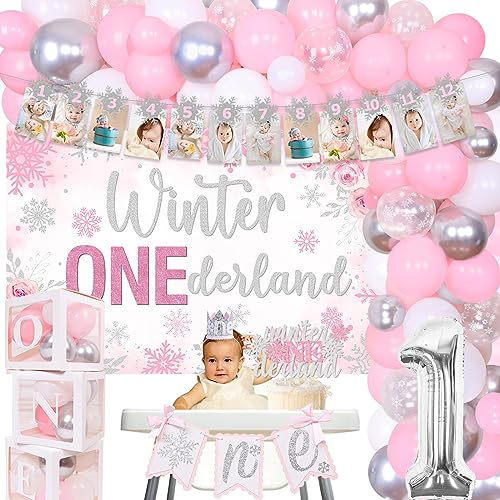 Winter Onederland 1. Geburtstag Dekorationen für Mädchen, Schneeflocke Ballon Girlande Bogen Kit Rosa Silber mit Foto Banner, Winter Onederland Backdrop Cake Topper, ein Banner Hut und Ballon-Boxen