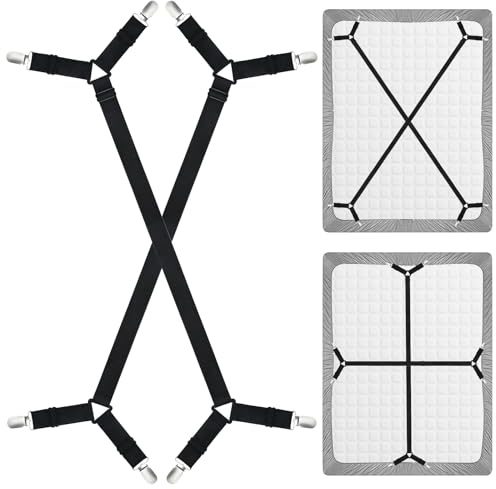 Bouiexye Bettlakenhalter, verstellbare Bettlakenbefestigung, elastische Bänder für Queen-Size-Bett, Doppelbett, Schwarz, 2 Stück