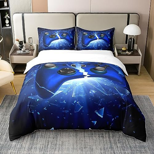 Gamer 100% Baumwolle Bettbezug für Jungen Teens,Gaming Bettwäsche Set,Videospiel Teppich Tröster Bezug 135x200,Gamepad Joystick Bett Sets mit 1 Kissenbezug Heim Room Dekor,Dunkelblau