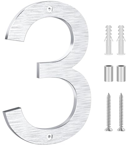 Lookopen Hausnummer Silber aus massivem Aluminium, Höhe 20cm Stärke 0,8cm Beidseitig Gebürstet Ziffer 3