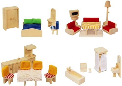 Puppenhausmöbel Freda Puppenmöbel Möbelset für Puppenhaus FREDA - Holz Natur 28 Teile + Baby + Puppenwiege Bettchen + Bezüge
