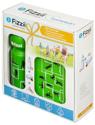 Fizzii Geschenkset Pausenset Spielzüge Fußball (Trinkflasche 600ml + Lunchbox + Ersatzverschluss, im hochwertigen Geschenkkarton)
