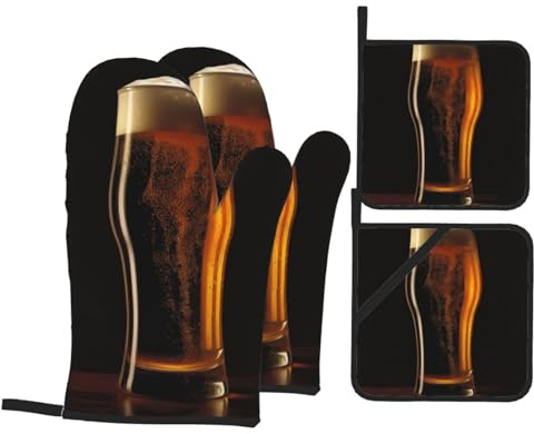 Beer and Glass Print Oven Mitts and Pot Holders Sets of 4 Heat Resistant Oven Mittens Non Slip Kitchen Oven Gloves Hot Pads Washable Potholders for Cooking Baking Grilling BBQ