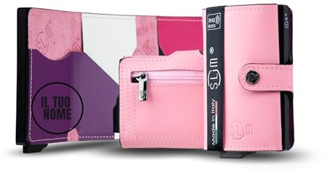SLim Portafoglio Personalizzabile Porta Carte di Credito Schermato Portacarte Anticlonazione Uomo Donna Personalizzabile (Rosa Multicolor con Zip)