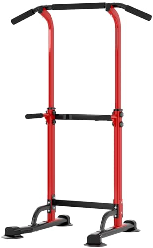 soges Dip-Station, torre di potenza con barra di trazione, multifunzionale, ideale per palestra domestica, rosso e nero