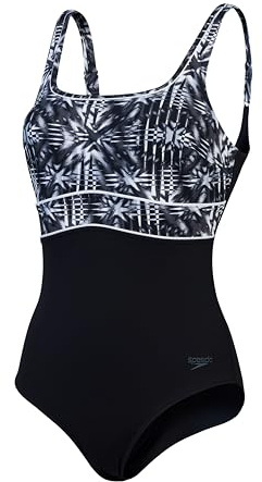 Speedo Damen Formgebender Countour Eclipse Badeanzug mit Print | Shapewear | Strand- und Urlaubsbademode Schwimmbekleidung, Schwarz/Oxid Grey/Weiß, 38/14