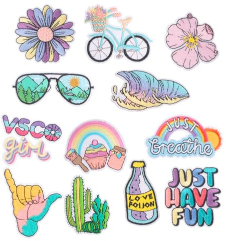 12 Stück Sommer-Bügelflicken für Kleidung, T-Shirts, niedlich, bunt, bestickt, zum Aufnähen, Regenbogen, Wellen, Blumen, geformt für Kleidung, Kleid, Hut, Jeans, DIY, Rucksack, Schuhe