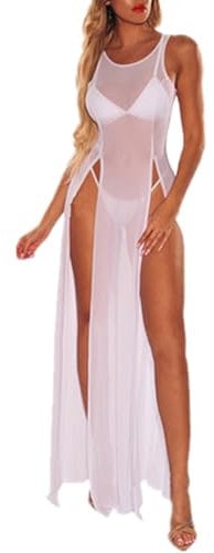 Beach Bikini Cover Up for Women Swimsuit Coverup Mesh Swimwear Kaftan Dress (UK, Alpha, One Size, Regular, Regular, One Size, White)
