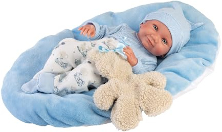 Llorens 1073807 Puppe Nico, mit blauen Augen, Babypuppe mit Vinyl-Körper, inkl. Outfit, Teddybär und blauem Kuschelkissen, Puppenjunge, New Born, 40 cm
