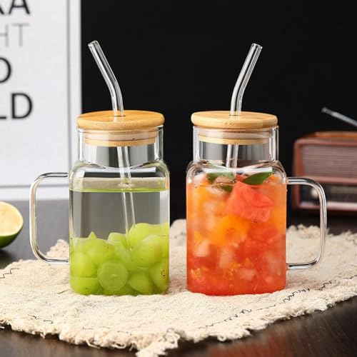 URMAGIC Lot de 2 verres à boire nervurés avec couvercle en bambou et pailles en verre, 650 ml, style origami, tasse à café glacé, joli gobelet, verres à bière, verres à vin (600 ml, A)