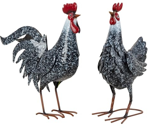 Lifestyle & More Moderne Gartenfigur Gartenskulptur Hahn und Henne im 2er Set aus Metall schwarz/weiß Höhe 44 cm Breite 26+39 cm