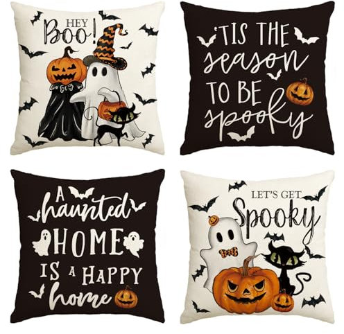 Artoid Mode Fledermaus Jack-o'-Lantern Geist Katze Halloween Kissenbezüge 4er Set, 45x45 cm Let's Get Spooky Zierkissenbezug Cushion Cover Deko