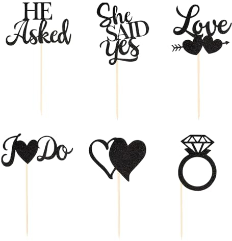 36 Pcs She Said Yes Cake Topper Diamond Ring Cupcake Toppers Glitter Engagement Cupcake Decorations for Wedding Bridal Shower Party Cake Decorations, Black