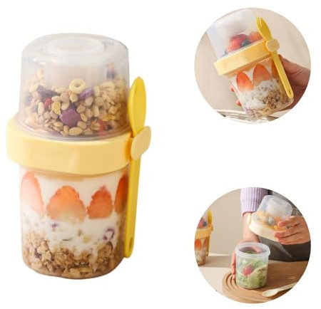 Quixotical Overnight Oats Jar, Taza para Cereales y Yogurt con Cuchara, Hermética y A Prueba de Fugas, Recipiente Portátil para Desayuno, Frutas y Muesli