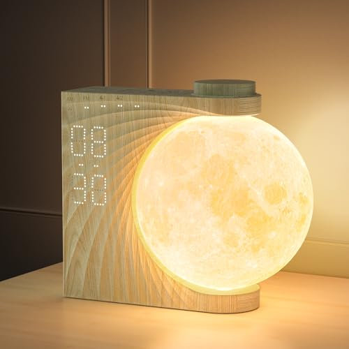 RETEYUNG Rotating Moon Lamp with Wake up Light, Sunrise Alarm Clock, Dual Alarms, 8 Atmosphere Colours, Natural Sound, 3 Levels of Brightness Bedside Lamp