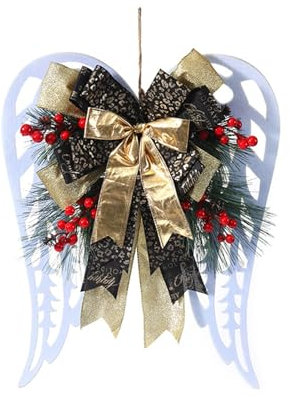 Christmas Wreath for Front Door White Angel Wings Artificial Winter Wreath with Large Multiple Bows Berry Pine Needles for Home Wall Holiday Decor (Multi-color, 40cm*33cm)