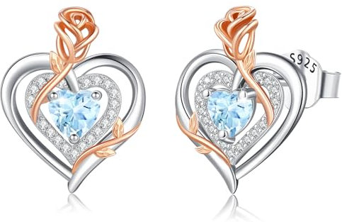 LAVUMO Ohrringe Silber 925, Hypoallergene Rosen Herz Ohrringe Damen,5A Zirkon Geburtsstein Schmuck Ideal Geschenke für Frauen Frau Mutter Weihnachten Valentinstag Geburtstag Muttertag Jubiläums